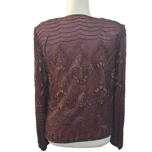 Adrianna Papell 3 Pc Set Silk Embellish Top Skirt Jacket Wedding Party Plum Sz10